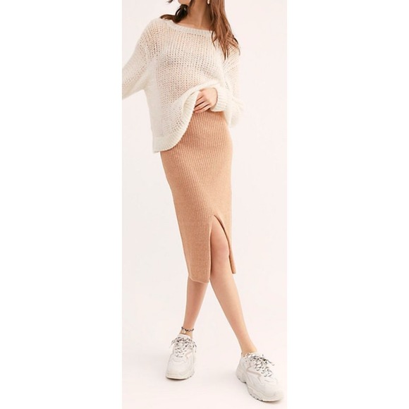 Free People Dresses & Skirts - Free People Skyline Midi Knit Tan Ribbed Skirt Size Small Slit Comfy Pull On